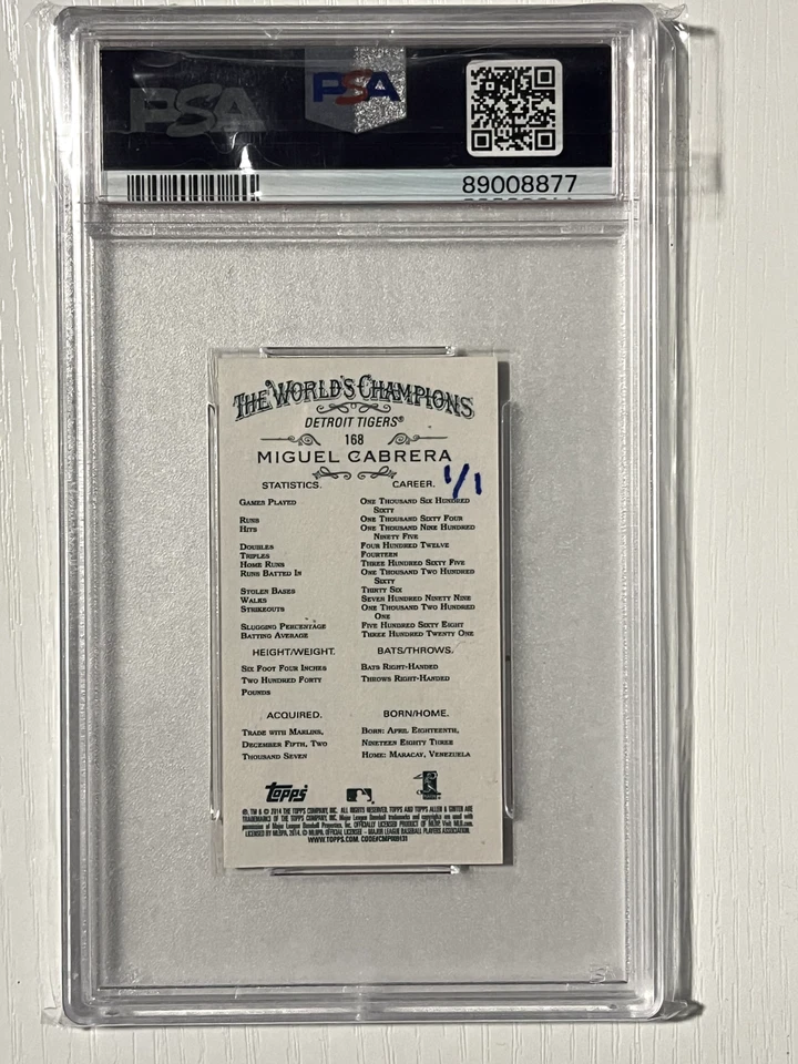 Miguel Cabrera 2014 Topps Allen & Ginter Mini Wood 1/1 PSA 10 Gem Mint Tigers - Image 2 of 2