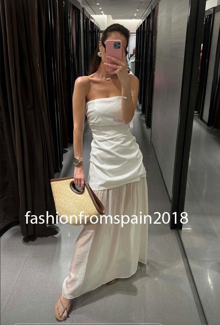 ZARA NEW WOMAN DRAPED COMBINATION STRAPLESS MIDI DRESS ECRU ZARA NEW WOMAN DRAPED COMBINATION STRAPLESS MIDI DRESS ECRU