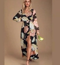 Lulus Maxi Dress Womens XS Black Wondrous Water Lilies Floral Long Sleeve Boho