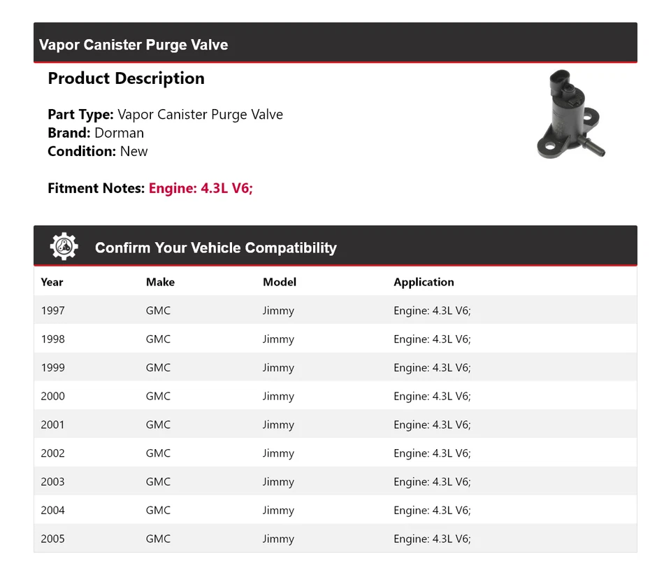 Válvula de purga de bote de vapor Dorman 1998 1999 para GMC Jimmy 1997-2005 4,3 L V6 Foto 2 de 4
