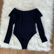 Bardot Navy Blue Off the Shoulder Ruffle Long Sleeve Bodysuit Womens Small