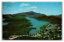 Lake Placid NY Aerial View Village Lake Signal Hill Chrome Postcard Posted 1973