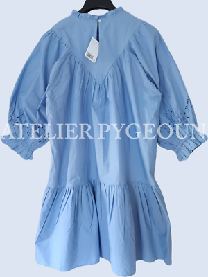 NWT H&M 100% Cotton A-Line Eyelet Embroidered Dress w/ Balloon Sleeve Blue  S XXL