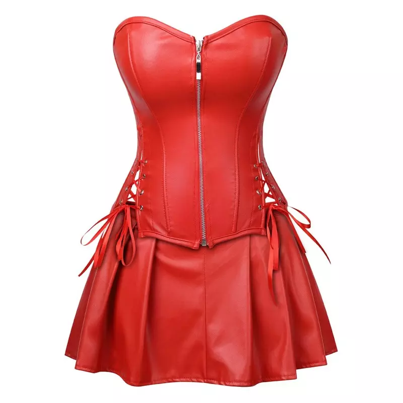 Lady Faux Leather Dress Bustier Bra Bralette Top Pleated Skirt Set