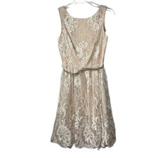 Eliza J floral lace eyelash fit & flare gold belted shimmer dress size 6 neutral