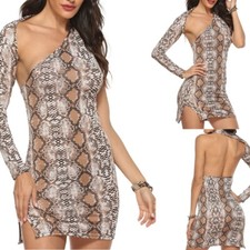 Women Sexy Cutout One Shoulder Backless Long Sleeve Snakeskin Bodycon Mini Dress