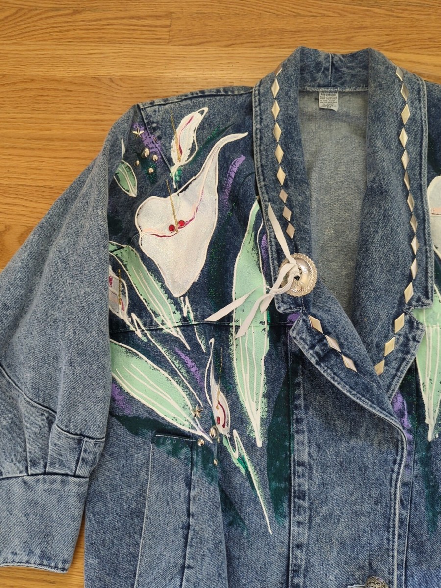 VTG 90s Denim Jean Blazer Jacket Applique Studs Rhinestones