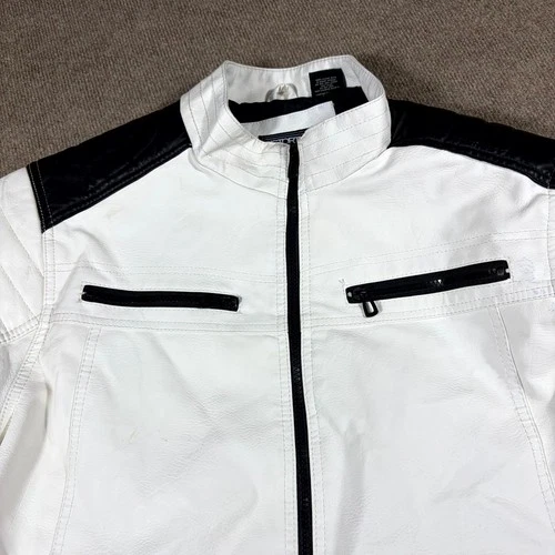 Distortion Biker Jacket Mens XL White Faux Leather Mock Neck Full Zip Racing image 9