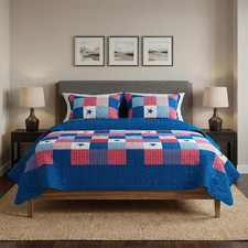 Lavish Home 3-Piece Caroline Patriotic Quilt Set - Americana Stars and Plaid Pat