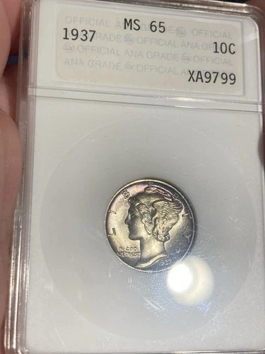 1937 Mercury Dime MS65 ANA Genie Lamp/Soapbox Holder 1st Gen ANACS Lightly toned