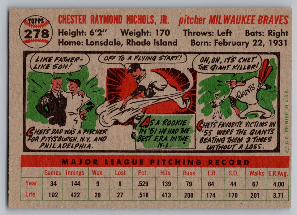 1956 TOPPS #278 CHET NICHOLS BRAVES - Image 2 of 3