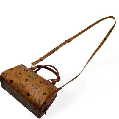 MCM Visetos Authentic Mini Boston Bag Brown Leather Shoulder Bag Top Handle Zip