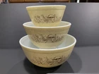 THREE VINTAGE PYREX FOREST FANCIES MUSHROOM BOWLS - NEST - 401 / 402 / 403