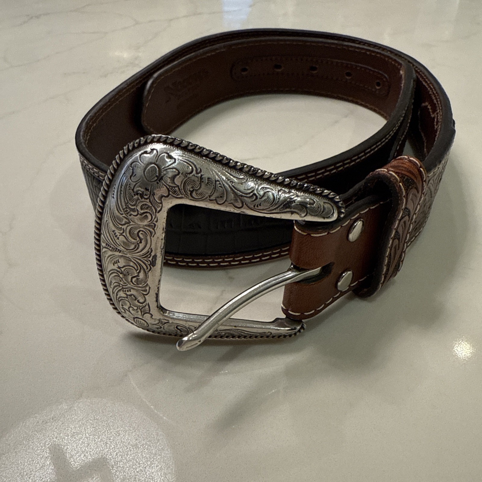 Nocona Belt Co Men's Tooled Western Belt- Size 34 -Brown/Black w/ Silver Buckle