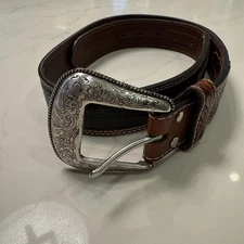 Nocona Belt Co Men's Tooled Western Belt- Size 34 -Brown/Black w/ Silver Buckle
