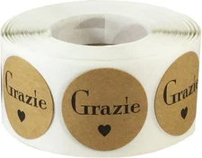 Grazie Italian Thank You Natural Kraft Adhesive Stickers 1 Inch Round Circle ...