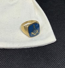 Vintage Style Masonic Ring Freemasons Blue Collectible Master Mason Signet Gold