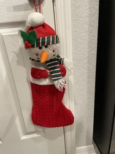 Vintage Christmas Stocking Crocheted Cable Knit Snowman Head W Scarf & Knit Hat