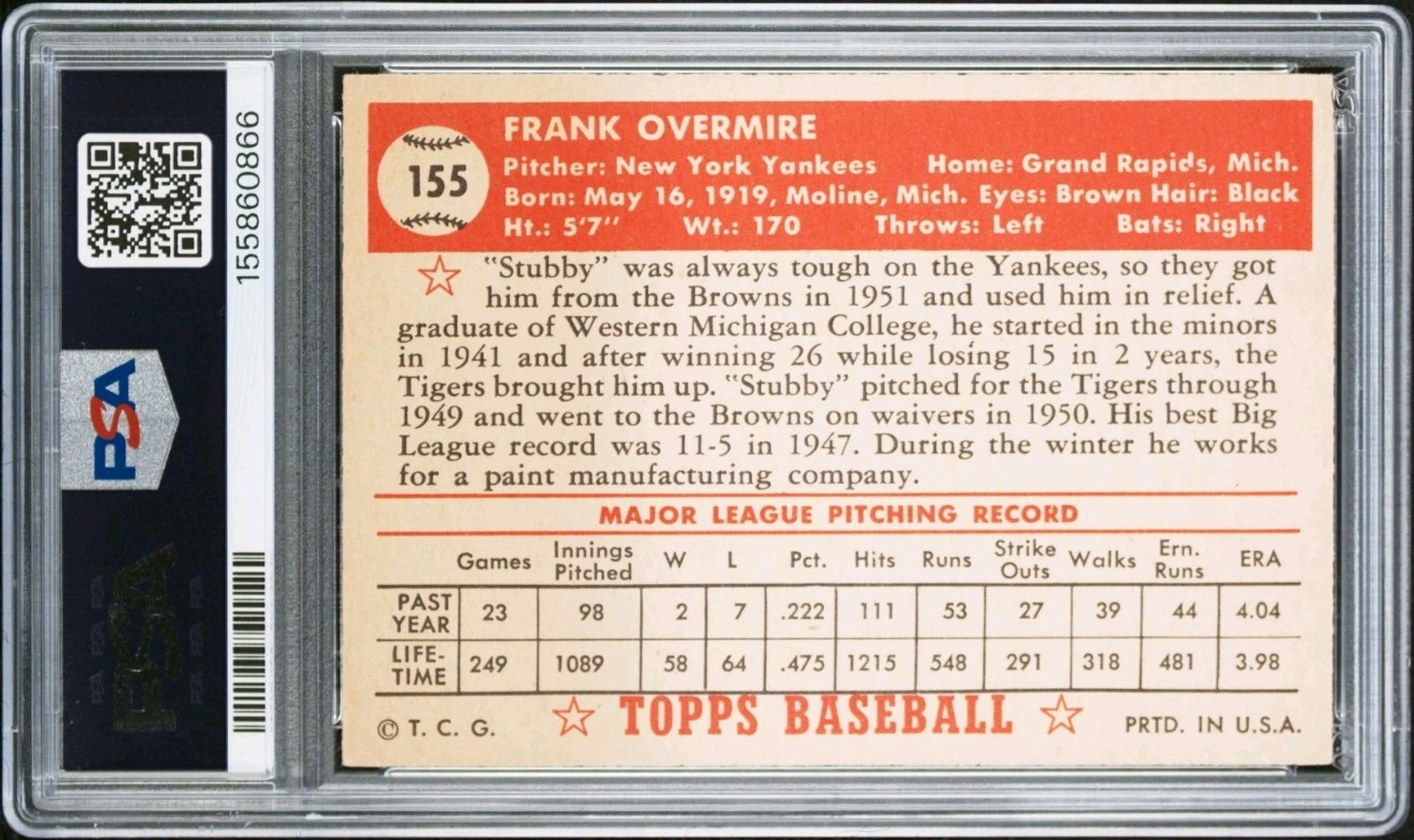 1952 Topps Frank Overmire PSA 5 EX #155 (JUST GRADED) New York Yankees Vintage view 2