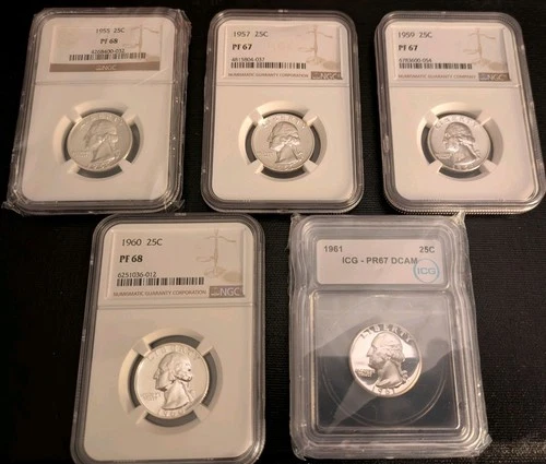 ALL PROOF &;90% SILVER: Lot of 5) NGC/ICG WASH.QUARTERS 25¢ 1955-1961 PF67-PF68
