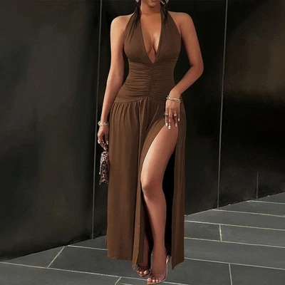 2026 Elegant Brown High-Waist V-Neck Sleeveless Maxi Dress in Premium Milk Silk - Image 1 of 4
