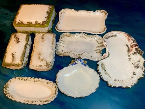 McKee EAPG  Victorian VTG Milk Glass LOT of 8 Trinket Powder Boxes dishes Vanity