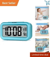Digital Alarm Clock Battery Operated Night Light Indoor Temp Small Desk Blue