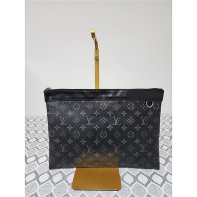 Authentic Louis Vuitton Monogram Eclipse Pochette Discovery Clutch Bag Black/Gre