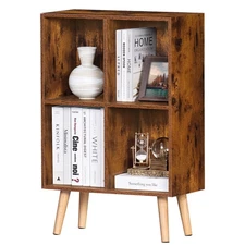 4 Cube Bookshelf, 2-Tier Bookcase with Legs, Brown Kids Book Shelf Cute Stora...