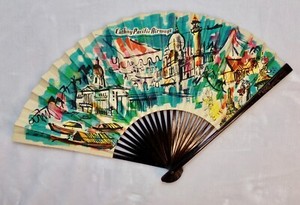 Vintage Cathay Pacific Airways Promo Handheld Fan Asian Paper Wood VILLAGE SCENE