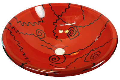 Red Tempered Glass Sink 16-1/2'' Diameter Bowl Shaped Vessel Beautiful Pattern