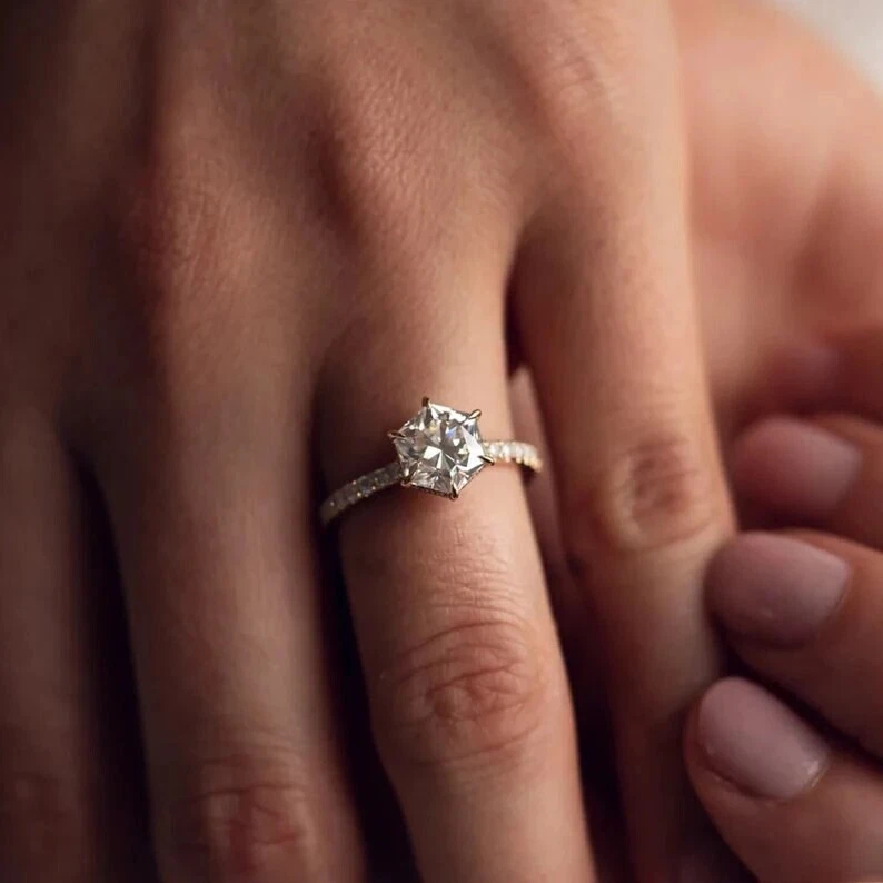 White Elongated Hexagon Cut Moissanite Three Stone Ring 18K Rose Gold Over 2 CT - Image 2 of 4