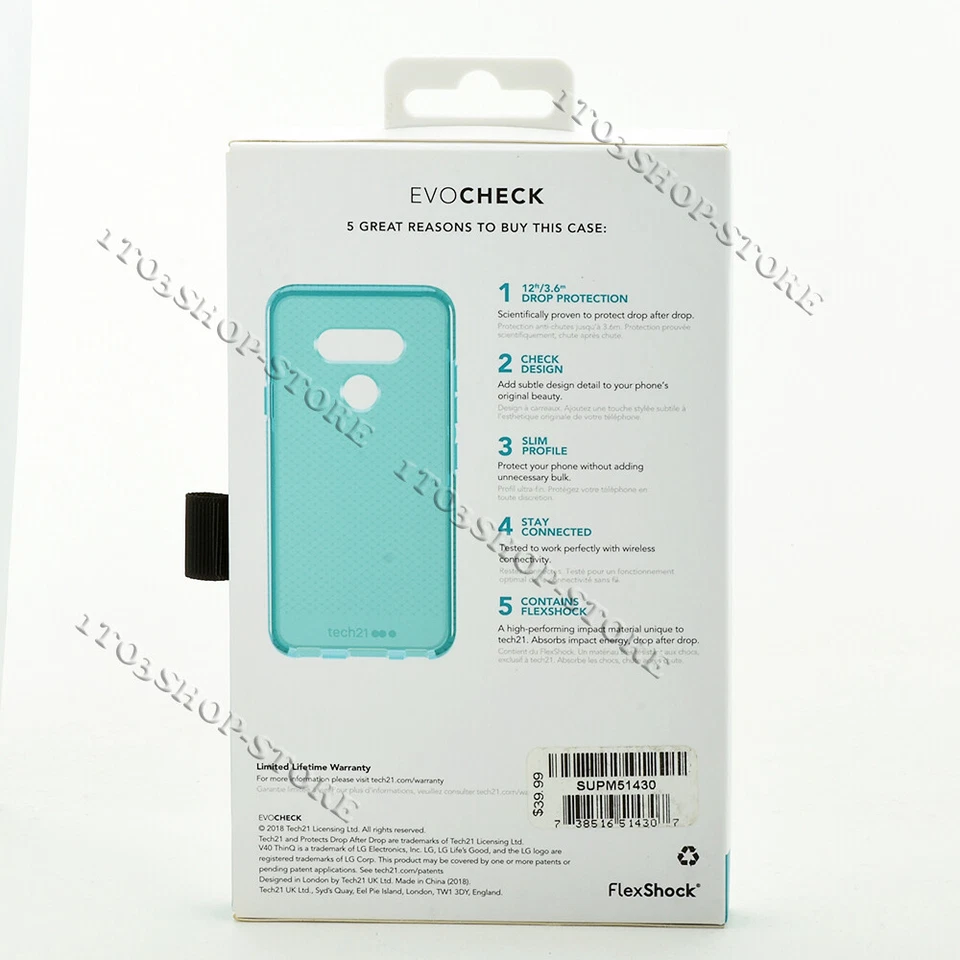 Tech21 Evo Check Anti-Shock Case TPU Cover For LG V40 ThinQ - Turquoise Blue - Image 2 of 4