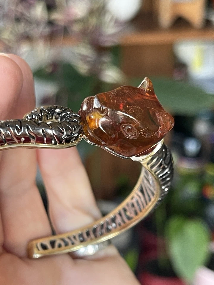 Brazalete Pantera Ámbar Tallado Plata 925 DEFECTUOSO por Michael Valitutti G3D Foto 3 de 4