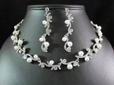 VINE PEARL CLEAR AUSTRIAN RHINESTONE CRYSTAL NECKLACE EARRINGS SET BRIDAL 01424