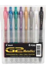 Pilot G2 Metallic Retract Refillable Rolling Ball Gel Pen Fine 0.7mm Asst 8/Pk