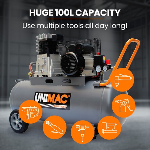 UNIMAC 100L 2.6kW Industrial Air Compressor 370L/min 116PSI Electric 15A Plug - Picture 10 of 12