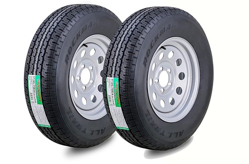 2 ROCKMAN Trailer Tire Assembly ST205/75R14 8-Ply Silver Mod Rim 5 Lug on 4.5"