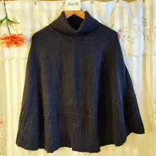Talbots Wool/Cashmere Blend Turtleneck Cable Knit Poncho Shawl Black Womens L/XL
