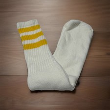 VTG Tube Socks Cushion 80s Acrylic Blend White Bright Yellow Striped 19  USA
