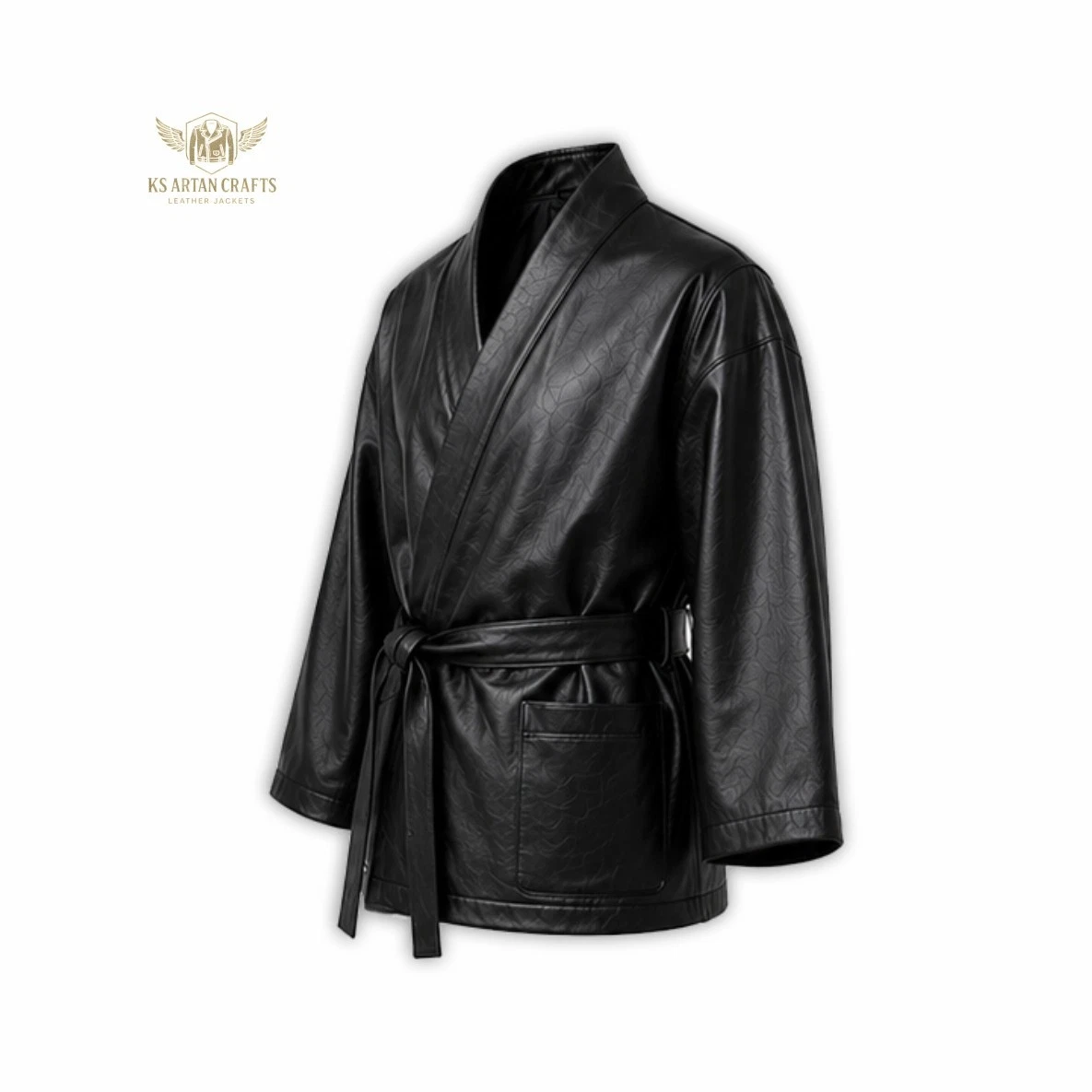 Leather Kimono Jacket Belted Wrap Coat Robe Style Jacket Long Sleeve Outerwear - product detail image 4