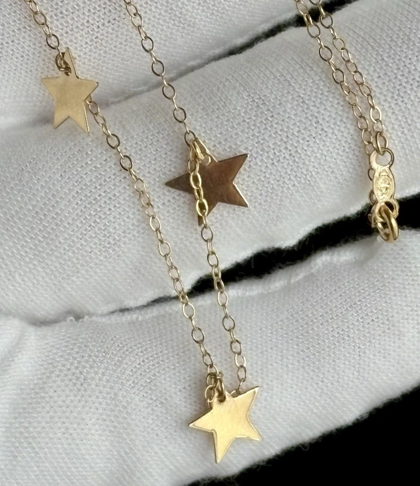 Collar de estrellas estacionadas de oro amarillo macizo de 14k delicadas capas de 16 pulgadas para dama Foto 3 de 4