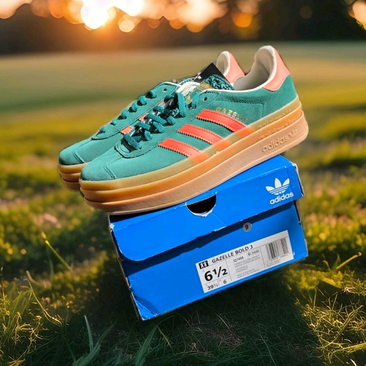 adidas Gazelle Bold J Green Orange Unisex Kids Sneakers US 6.5 Fabric Canvas