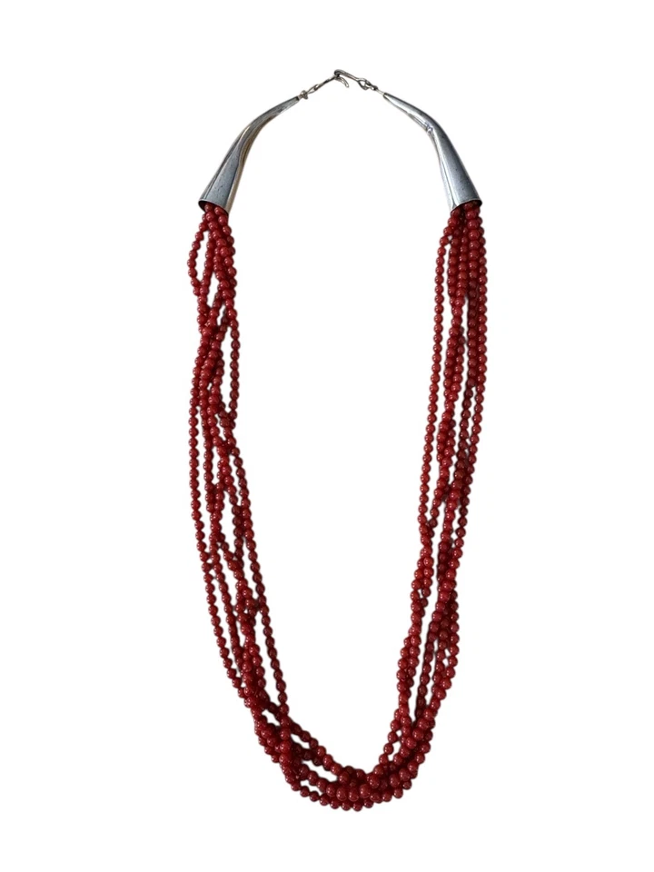 Sterling Silver Navajo Southwest Red Coral Beaded Multi Strand Sun Mark Sterling - Image 2 of 4