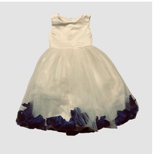 Girls White Satin Tulle Dress SZ 4 Blue Petals Sleeveless Zip Flower Girl Party