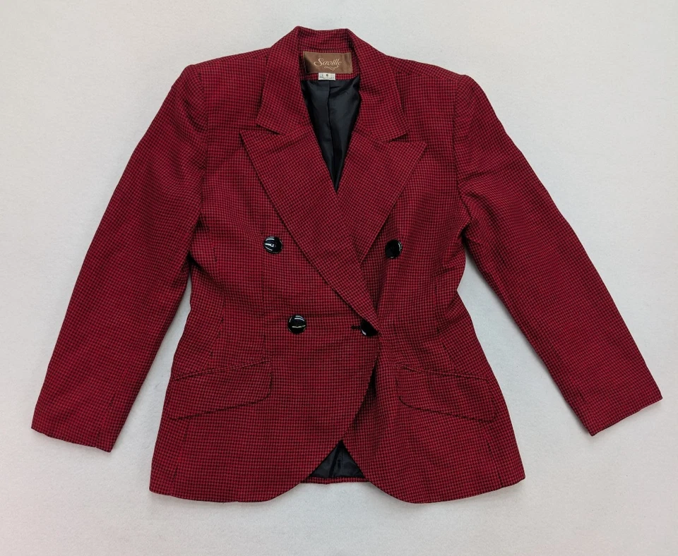 Traje Saville Vintage Años 80 Para Mujer Talla 8 Rojo Pata de Gallo Falda Plisada a Cuadros Foto 4 de 4