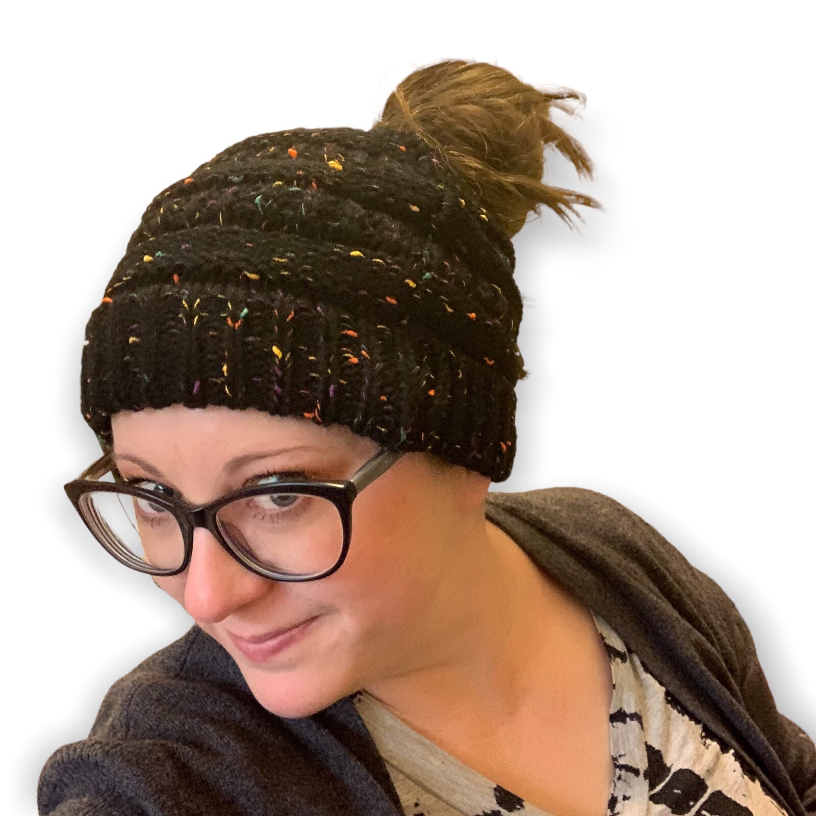 New Black Confetti Beanietail Ponytail Messy Bun Ribbed Beanie Hat Cap Elastic