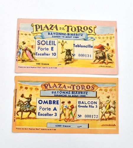 Two Tickets Entry Bullfight Bayonne-Biarritz August 1959 (With ) - Afbeelding 1 van 2