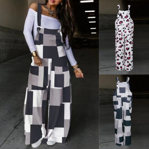Womens Printed Sleeveless Overalls Dungarees Trousers Casual Loose Jumpsuit US