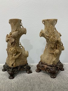 Antique Chinese Soapstone Carved Pair of Vases w/ Bird & Flowers Decoration